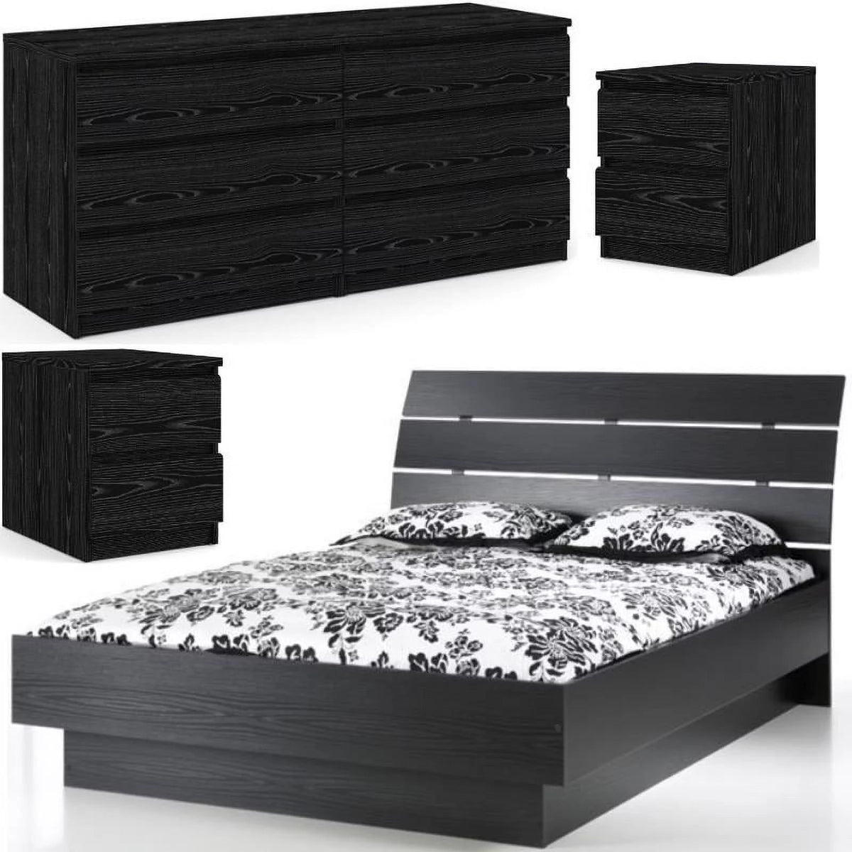 Black 4pc Queen Bed Dresser & 2 Nightstands Y2064