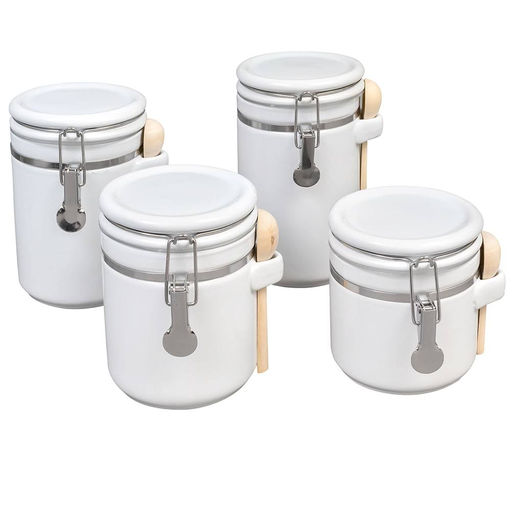 4-Piece Ceramic Canister Set with Clamp Lid and Wooden Spoon, White P397