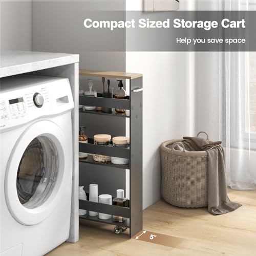 4-Tier Rolling Storage Cart with Handle & Wooden Top (White & Natural) J271257