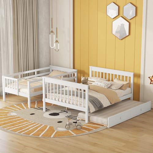 White Wood Twin Over Full Bunk Bed with Trundle and Stairs N676284