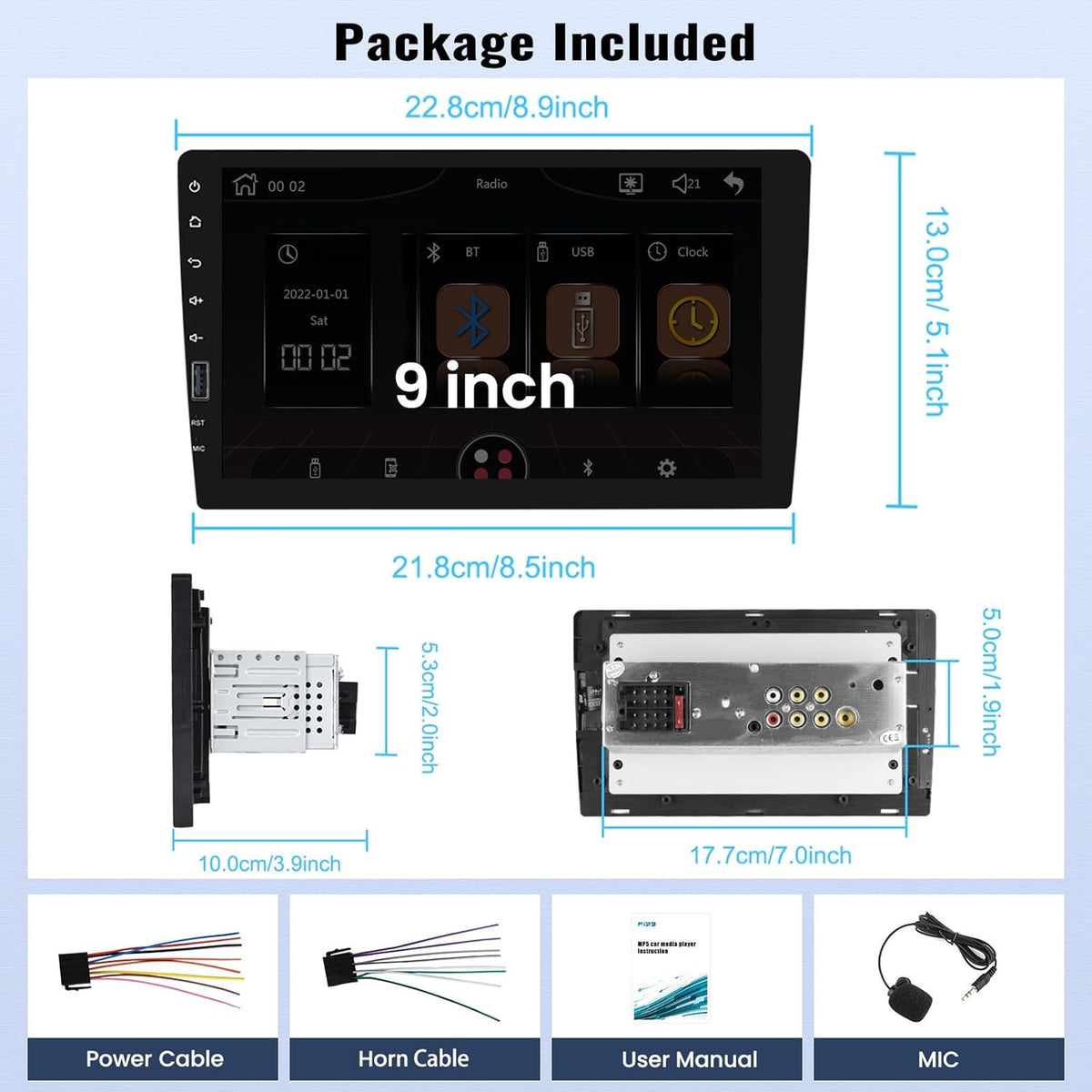 9 Inch Touchscreen Single Din Car Stereo with Wireless Carplay Android Auto Bluetooth FM EQ Backup Camera Car MP5 Player with Steering Wheel Control 7 Color Light MIC S247
