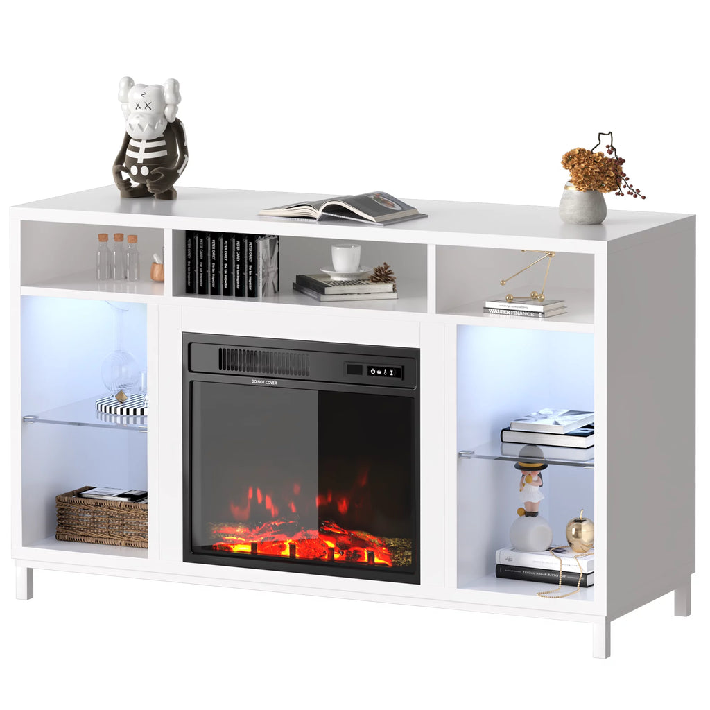 White Fireplace TV Stand with 18" Electric Fireplace and Adjustable Glass Shelves C82673