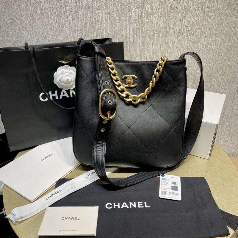 Black Calfskin Hobo Handbag B7540