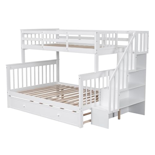 White Wood Twin Over Full Bunk Bed with Trundle and Stairs N676284