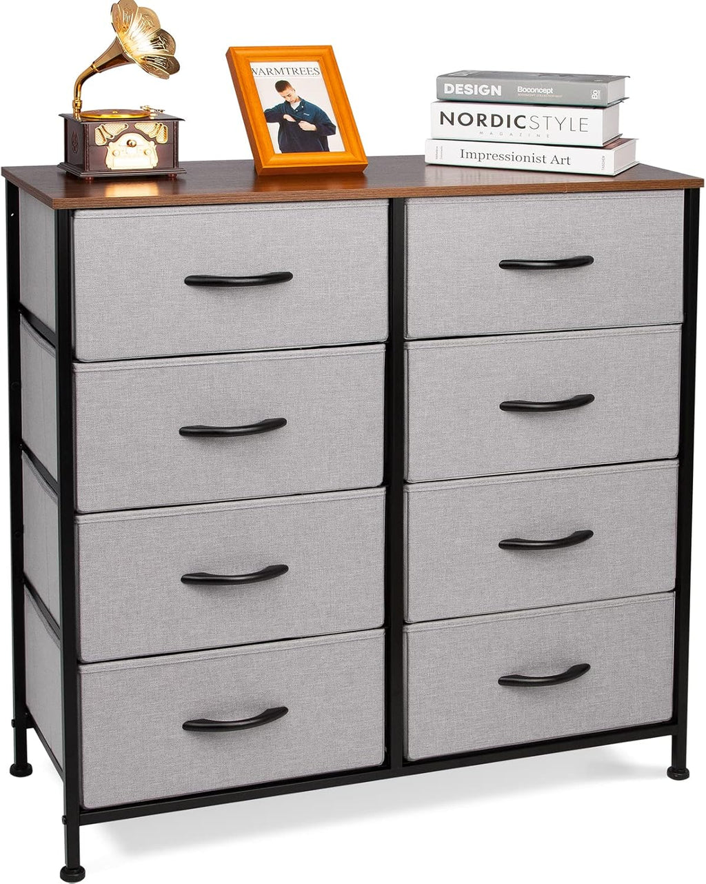 Dark Gray 8 Drawer Fabric Dresser with Wooden Top T28459