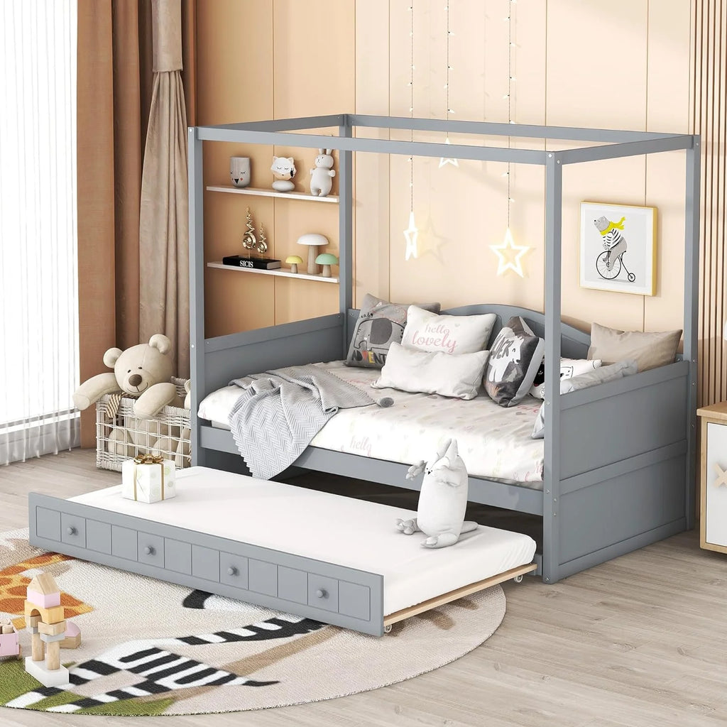 Gray Wooden Canopy Bed with Trundle U187