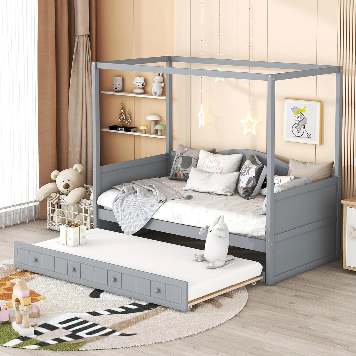 Gray Wooden Canopy Bed with Trundle U187