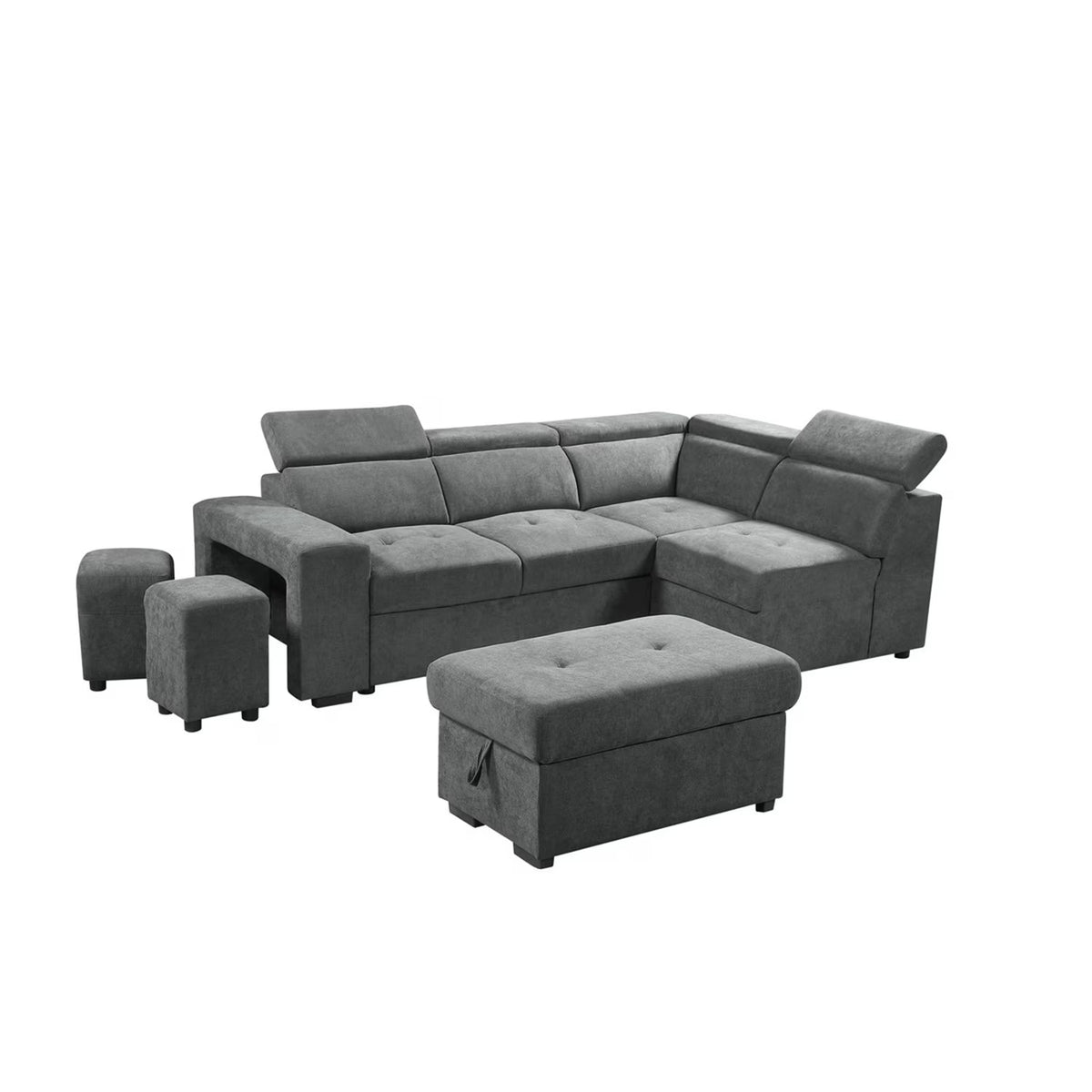 Light Gray Sleeper Sectional Sofa with Storage Ottoman and 2 Stools Y6250