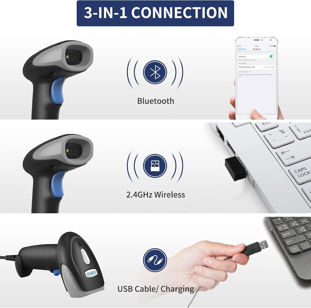 Bluetooth Barcode Scanner 2D QR Code, Handheld Barcode Reader Automatic Scan 1D PDF417 Datamatrix M6622