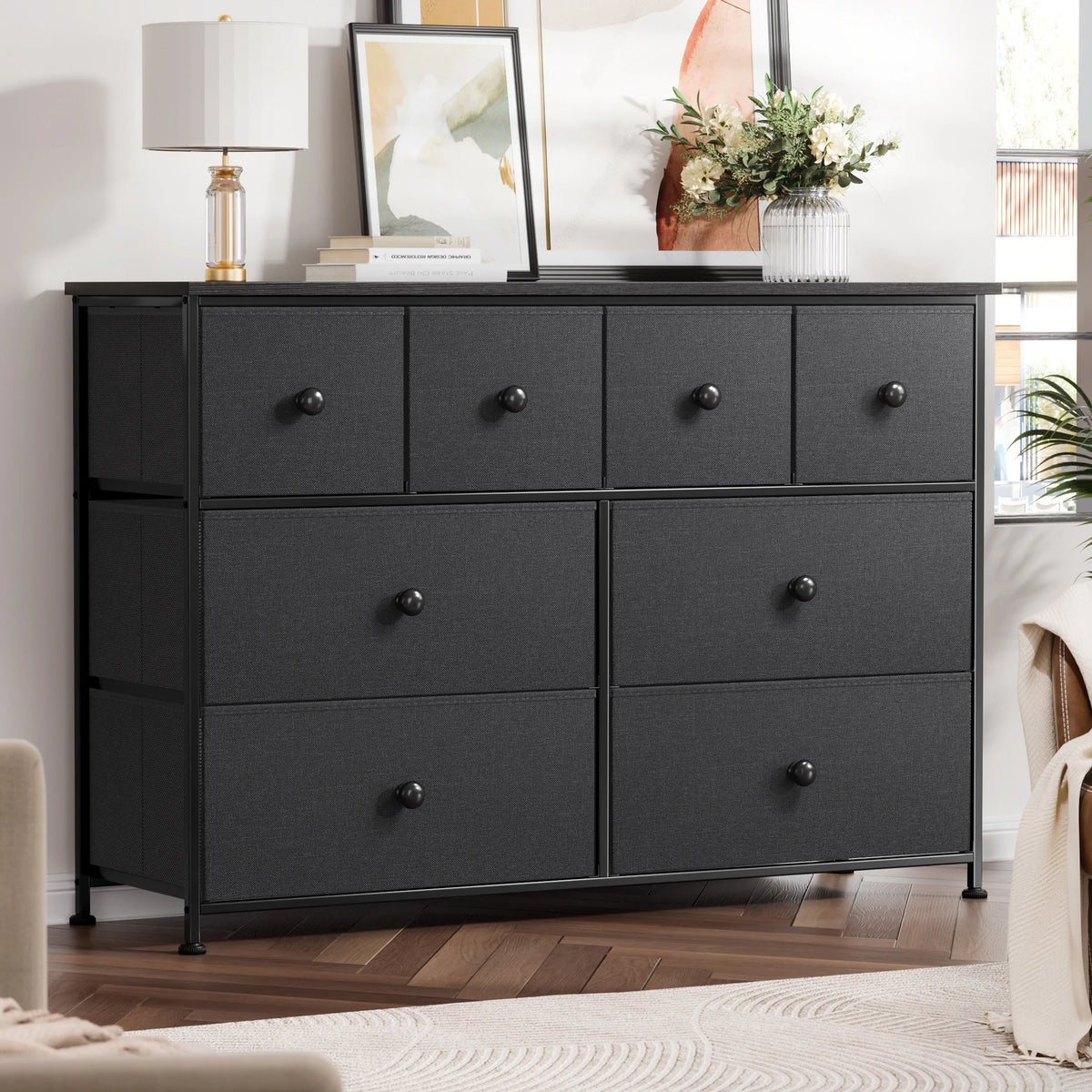 8 Drawer Fabric Dresser with Steel Frame and Wooden Top L862012