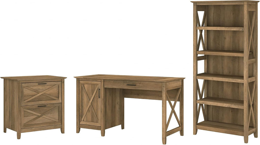54W Reclaimed Pine Computer Desk with 2 Drawer Lateral File Cabinet and 5 Shelf Bookcase L45506