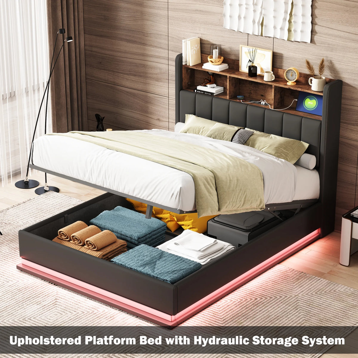 Black Full Size PU Upholstered Platform Bed with Storage Headboard R914816