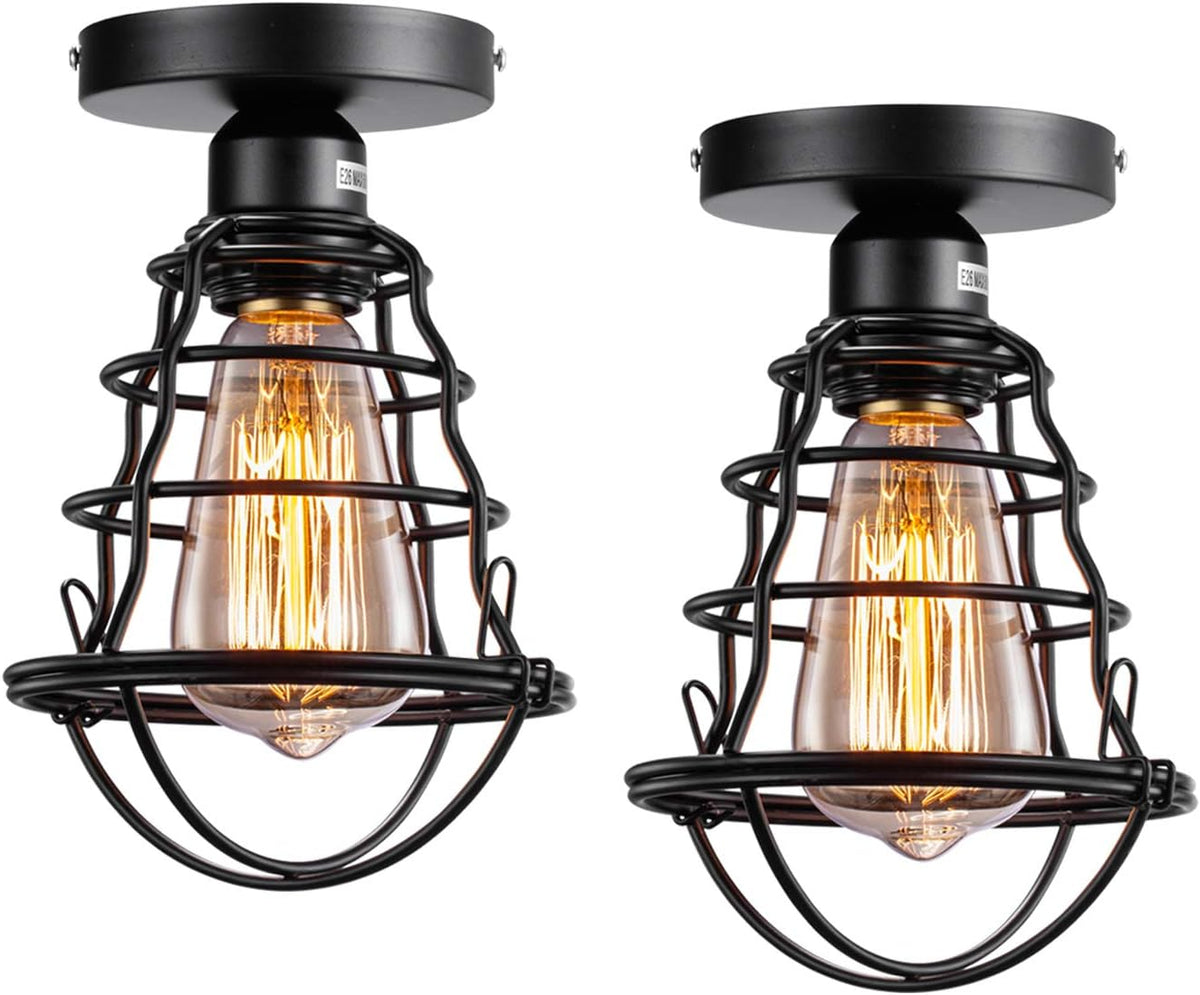 Vintage Black Metal Cage Semi Flush Mount Ceiling Light 2 Pack Y787093