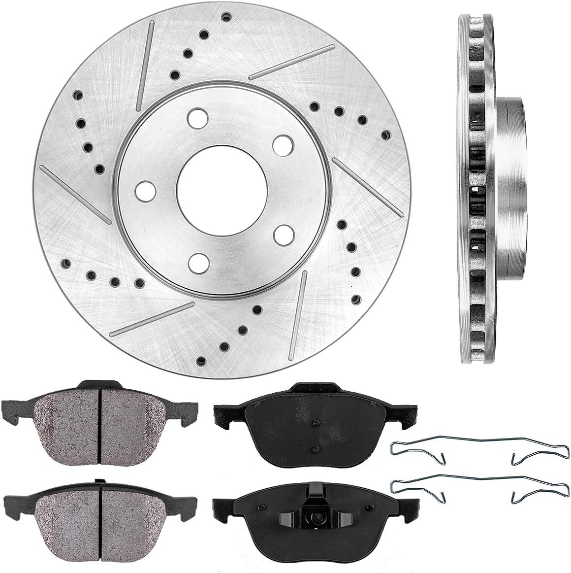Front 278mm 5 Lug 2 Rotors Ceramic Brake Pads and Clips H28203