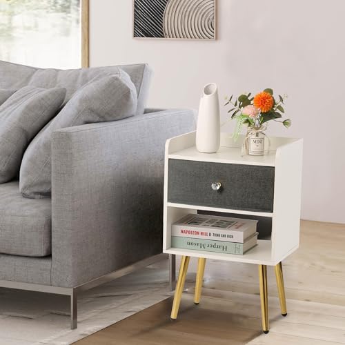 White Nightstand with Drawer Fabric Cabinet Storage with Sliding Drawers and Shelf C97420