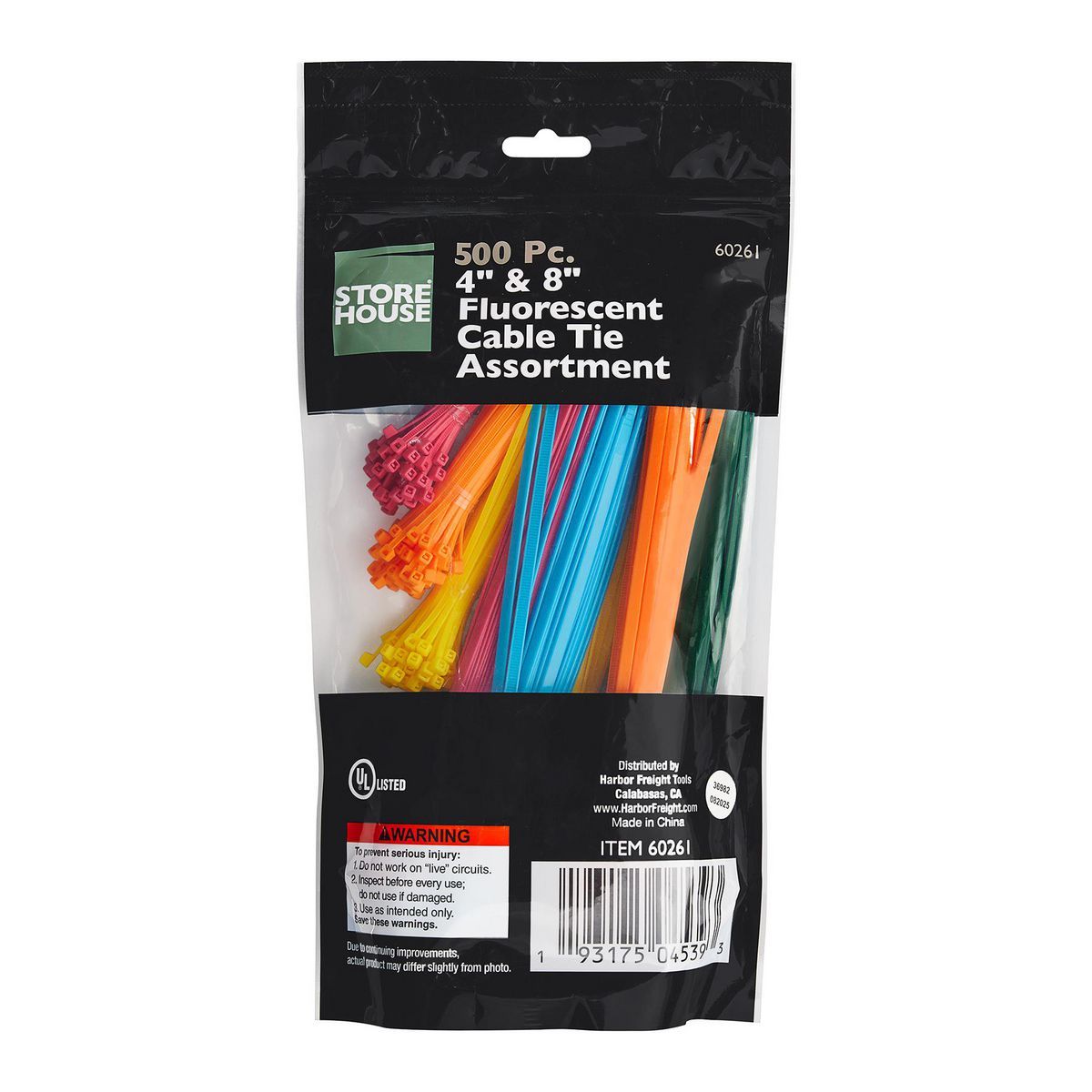Fluorescent Cable Tie Assortment, 500 Pack J9583
