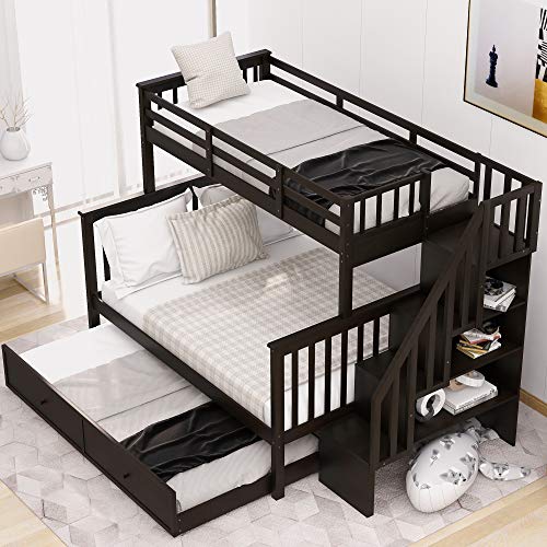 White Wood Twin Over Full Bunk Bed with Trundle and Stairs N676284