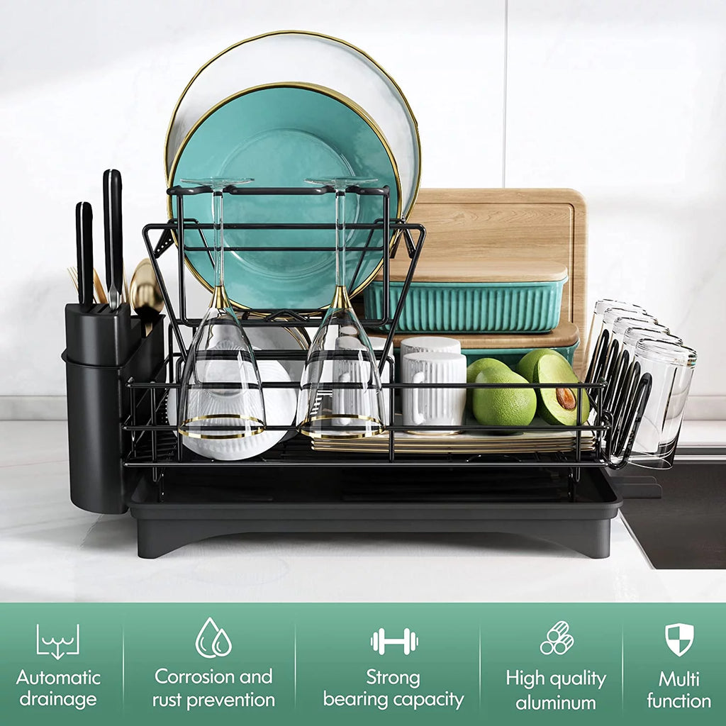 Large 2 Tier Black Dish Drying Rack with Drainboard Set V9813