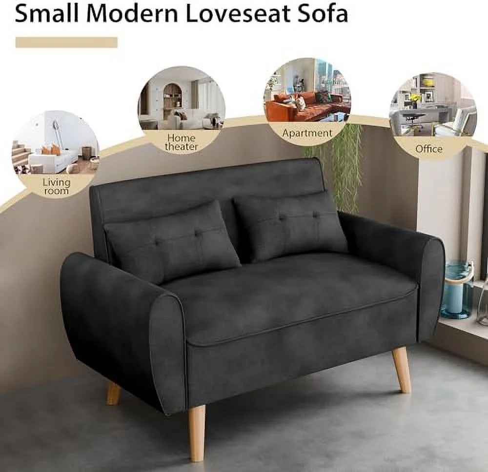 47'' Linen Fabric Loveseat Sofa with 2 Pillows and Wood Legs J45900