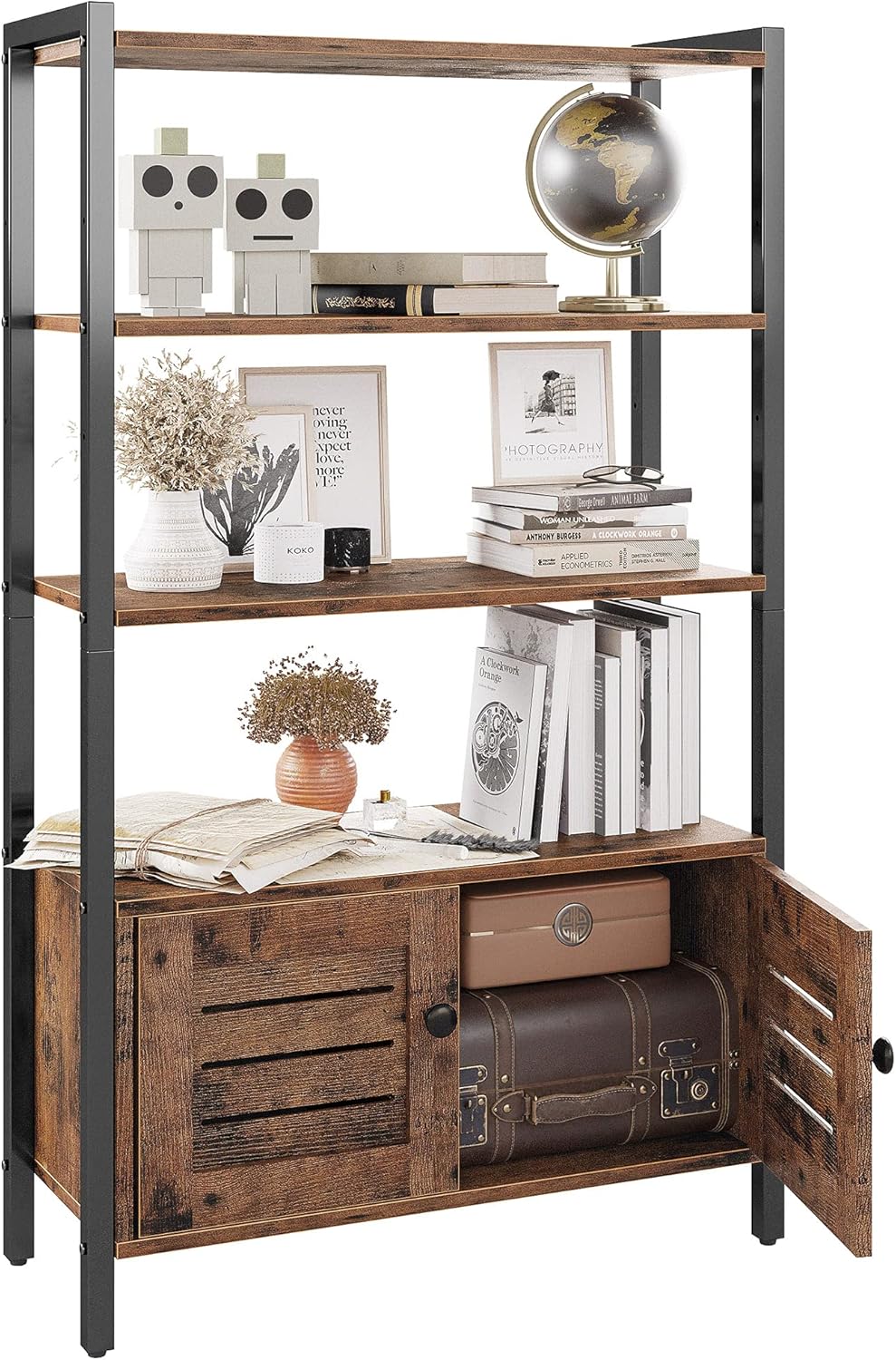 Industrial Bookshelf and Bookcase with 2 Louvered Doors and 3 Shelves N268