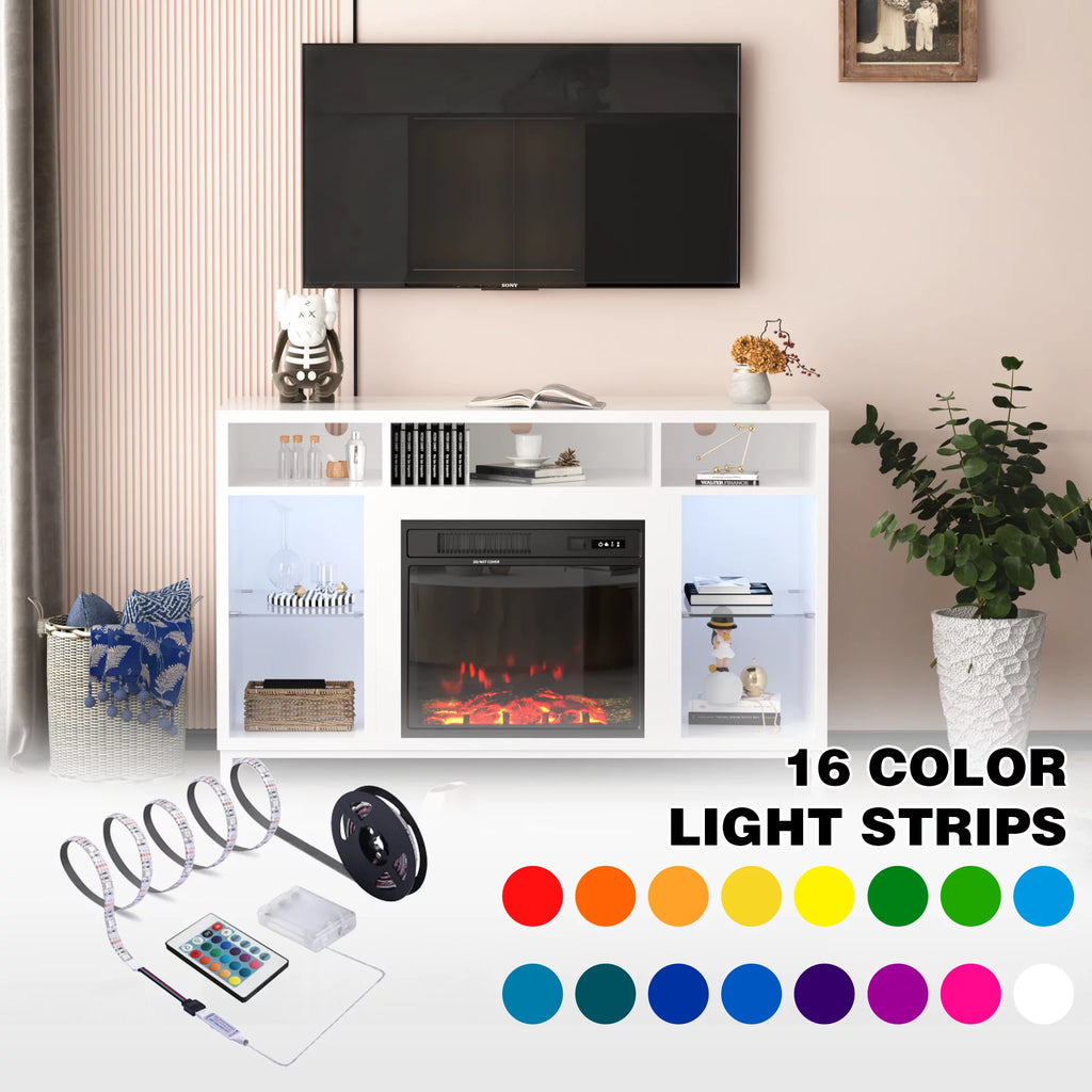 White Fireplace TV Stand with 18" Electric Fireplace and Adjustable Glass Shelves C82673