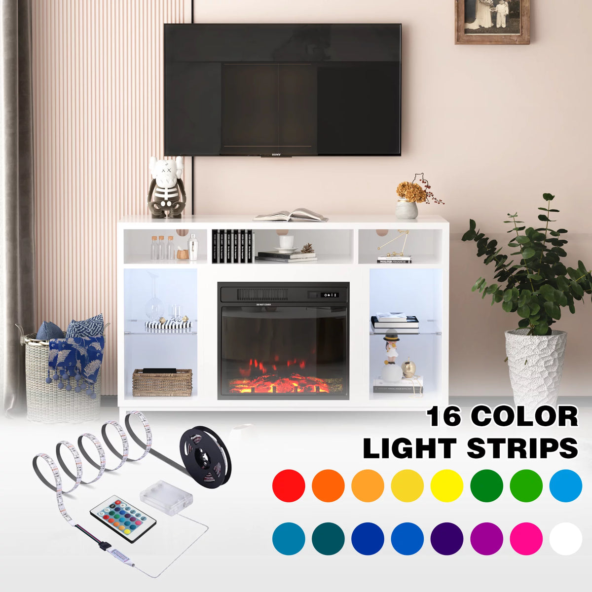 White Fireplace TV Stand with 18" Electric Fireplace and Adjustable Glass Shelves C82673
