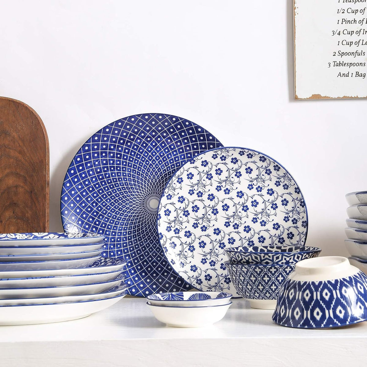 10 inch Porcelain Dinner Plates 16-Pieces Dinnerware Set Vintage Blue O3464