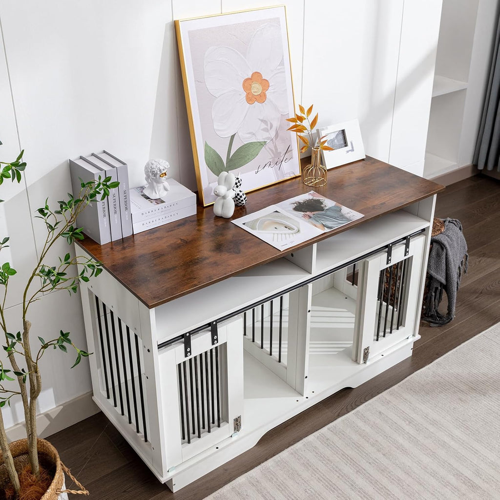 White Wooden Double Dog Crate Furniture with Drawers O674