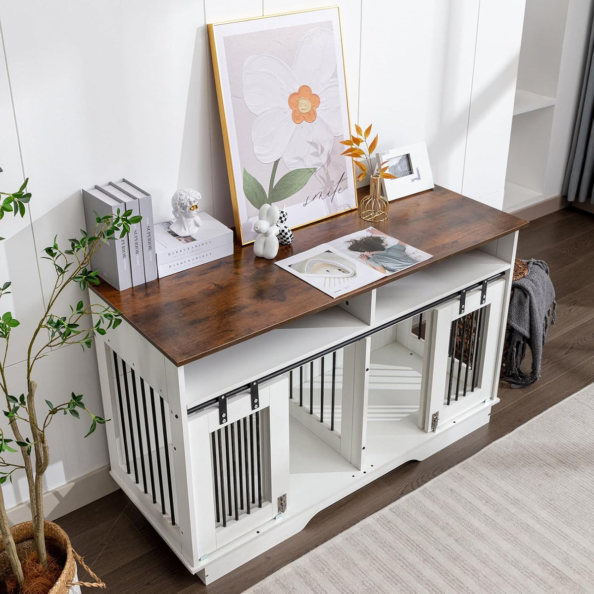 White Wooden Double Dog Crate Furniture with Drawers O674