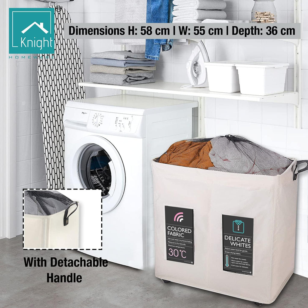 120L Collapsible Laundry Basket with Wheels, 2 Section, Mesh Cover, Handles, Ivory S373