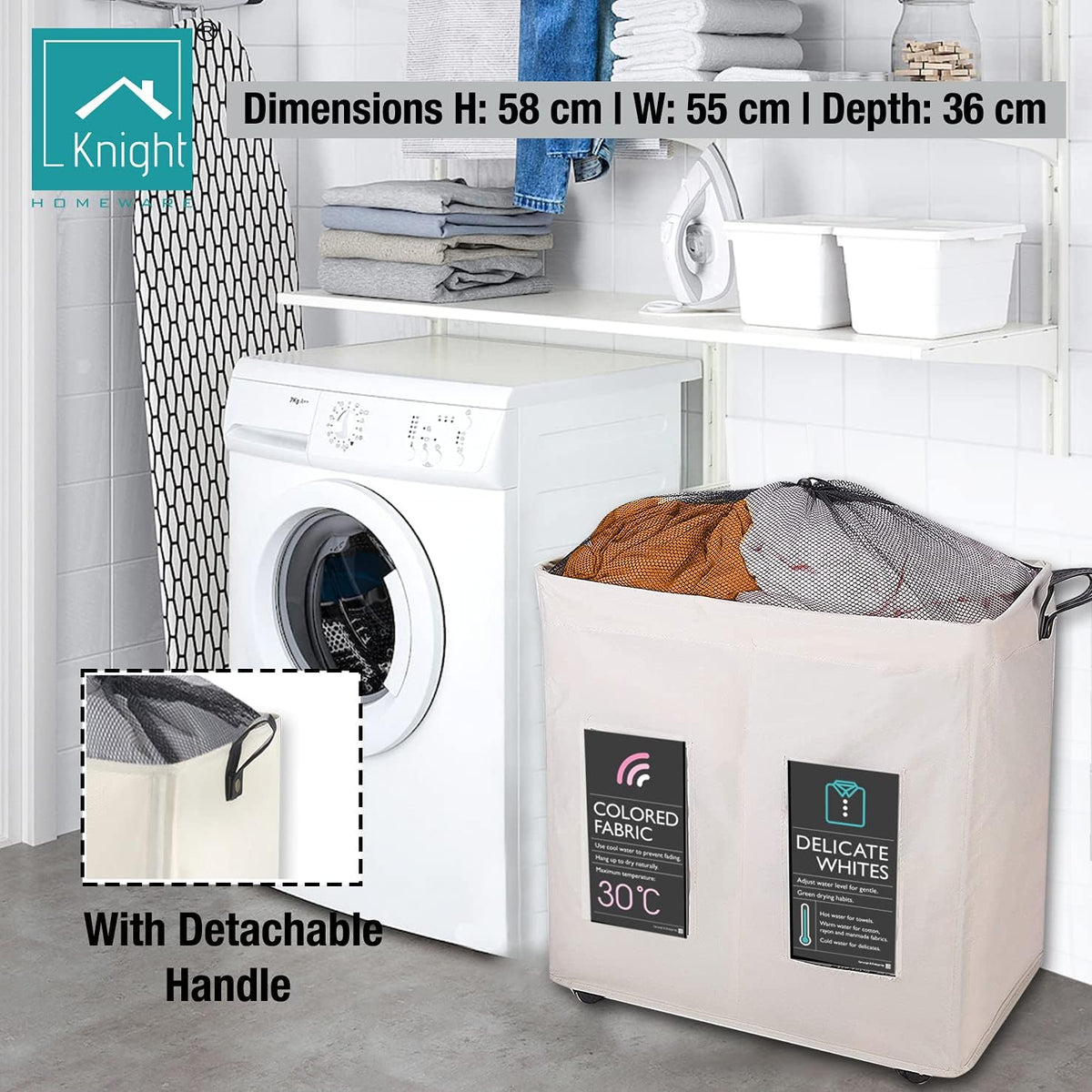 120L Collapsible Laundry Basket with Wheels, 2 Section, Mesh Cover, Handles, Ivory S373