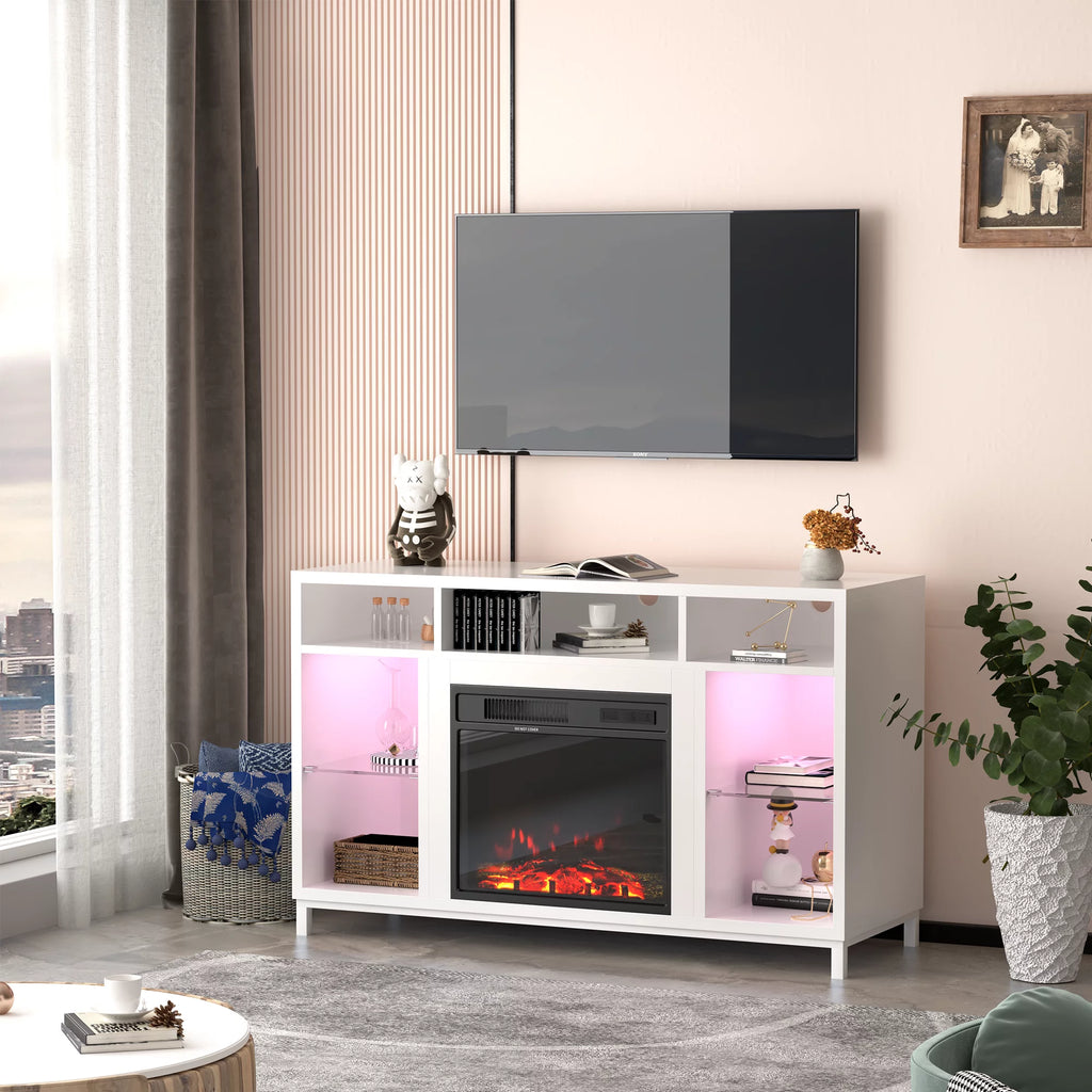 White Fireplace TV Stand with 18" Electric Fireplace and Adjustable Glass Shelves C82673
