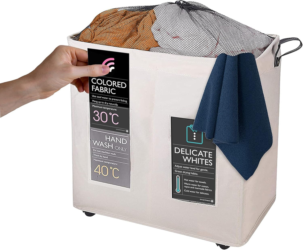 120L Collapsible Laundry Basket with Wheels, 2 Section, Mesh Cover, Handles, Ivory S373