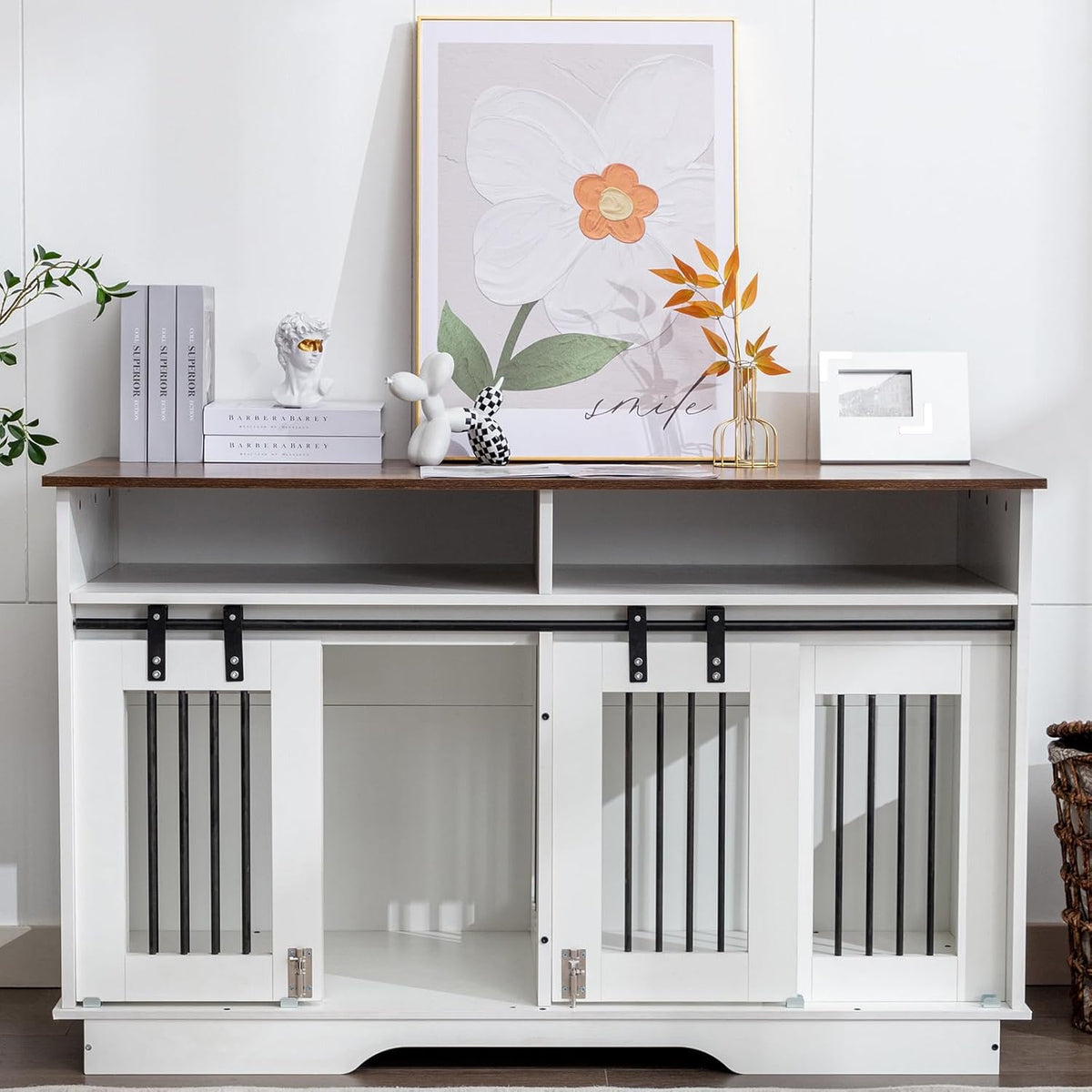 White Wooden Double Dog Crate Furniture with Drawers O674