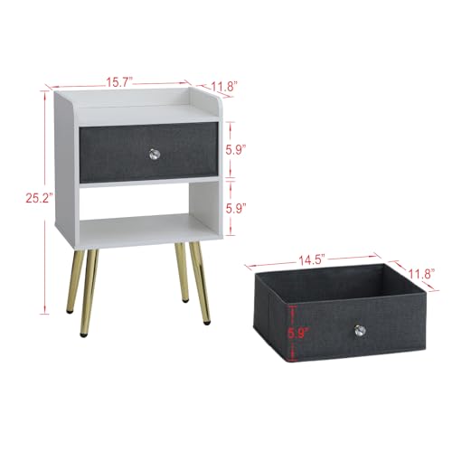 White Nightstand with Drawer Fabric Cabinet Storage with Sliding Drawers and Shelf C97420
