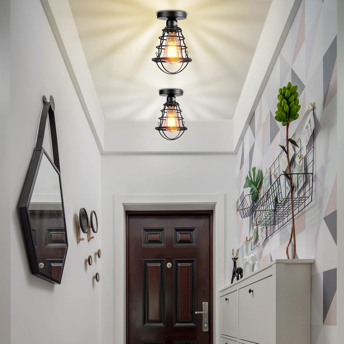Vintage Black Metal Cage Semi Flush Mount Ceiling Light 2 Pack Y787093