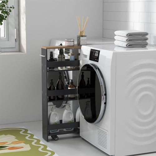 4-Tier Rolling Storage Cart with Handle & Wooden Top (White & Natural) J271257