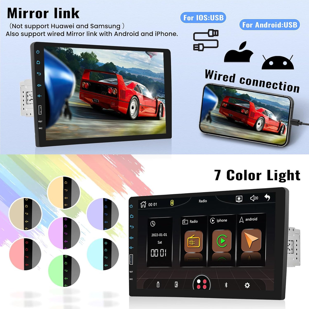 9 Inch Touchscreen Single Din Car Stereo with Wireless Carplay Android Auto Bluetooth FM EQ Backup Camera Car MP5 Player with Steering Wheel Control 7 Color Light MIC S247