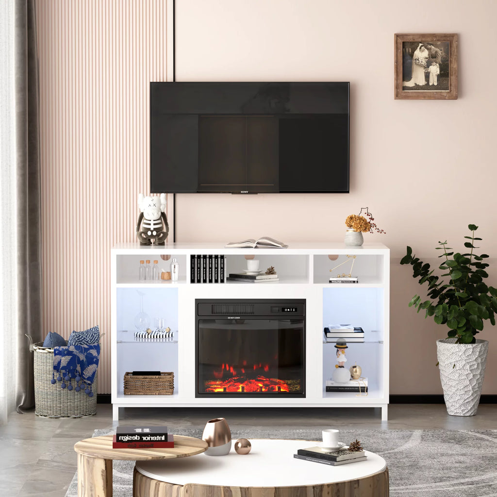 White Fireplace TV Stand with 18" Electric Fireplace and Adjustable Glass Shelves C82673