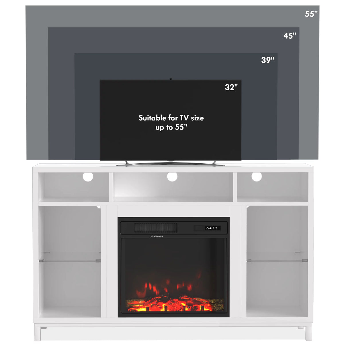 White Fireplace TV Stand with 18" Electric Fireplace and Adjustable Glass Shelves C82673