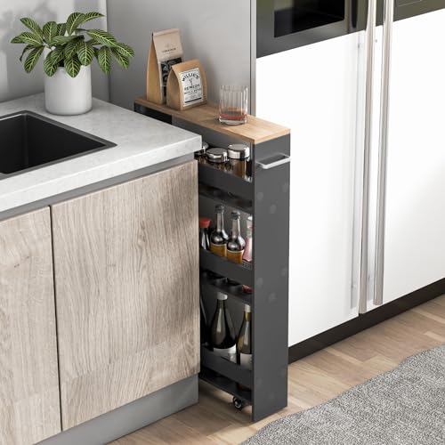 4-Tier Rolling Storage Cart with Handle & Wooden Top (White & Natural) J271257