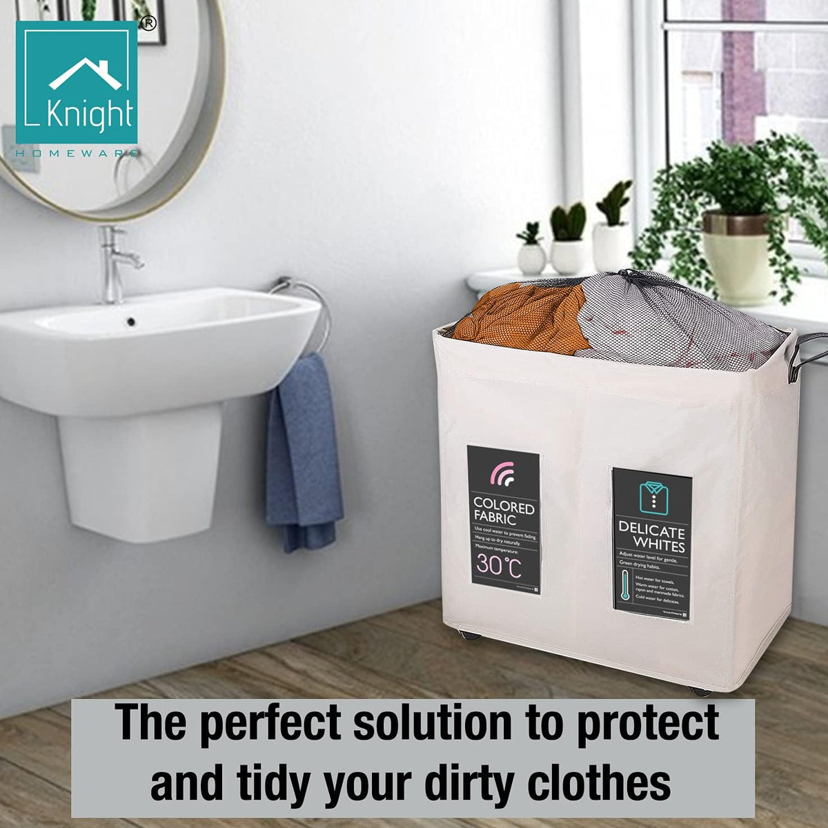 120L Collapsible Laundry Basket with Wheels, 2 Section, Mesh Cover, Handles, Ivory S373