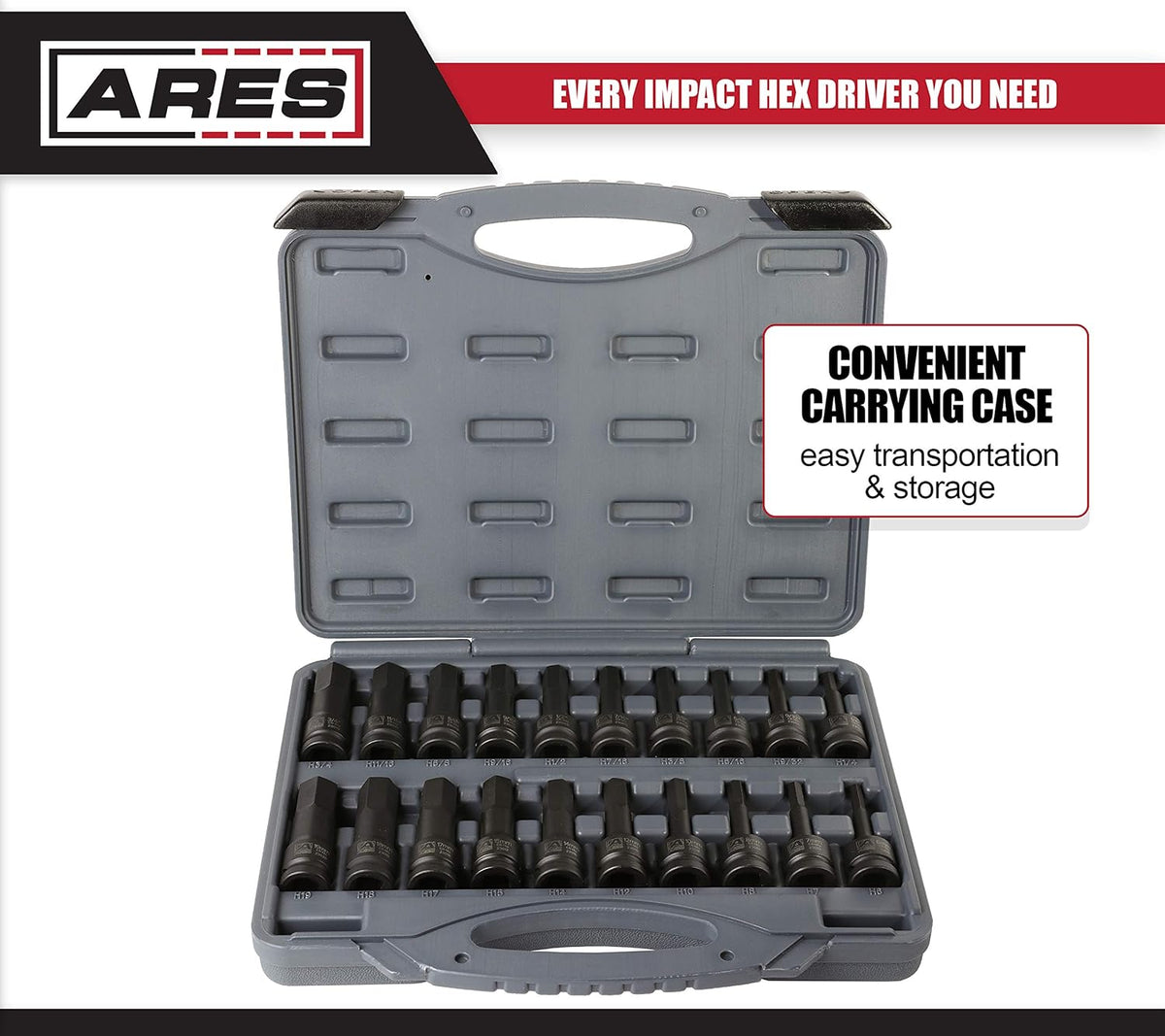 20-Piece 1/2-Inch Drive Impact Hex Driver Set Chrome Moly Steel R2600