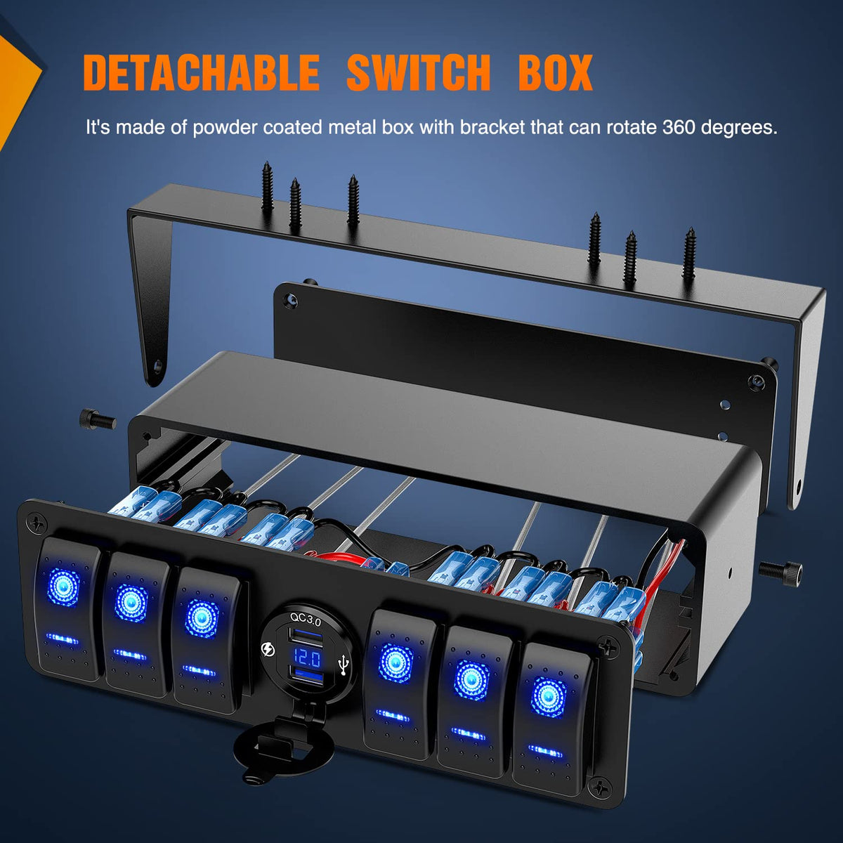 6 Gang Waterproof Aluminum Rocker Switch Panel with USB Charger Voltmeter B84363