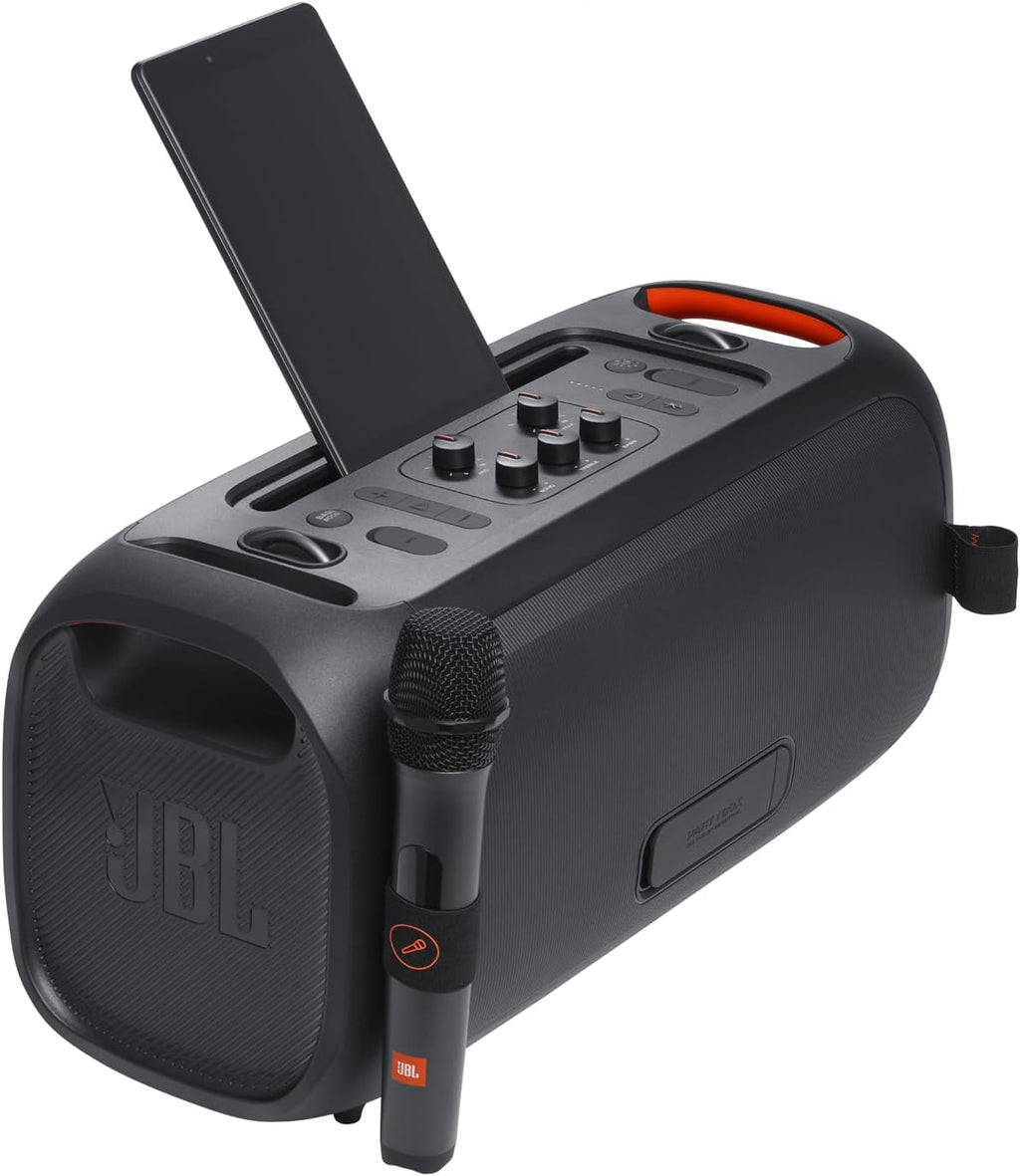 Portable party speaker with built-in lights and wireless mic, IPX4 splashproof protection, 6 hours of playtime, shoulder strap Z11899