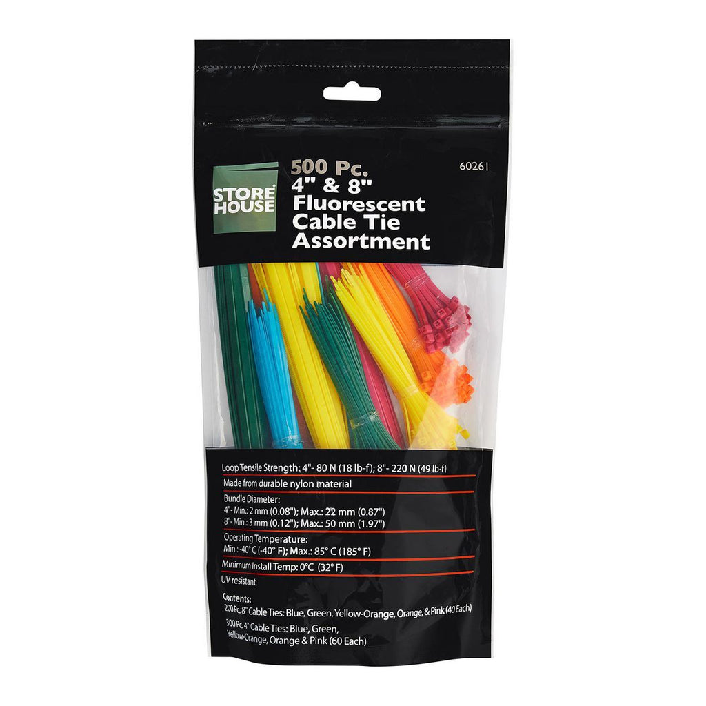 Fluorescent Cable Tie Assortment, 500 Pack J9583