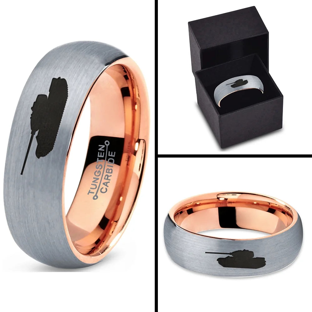18k Rose Gold Dome Brushed Gray Polished Tungsten Band Ring P344