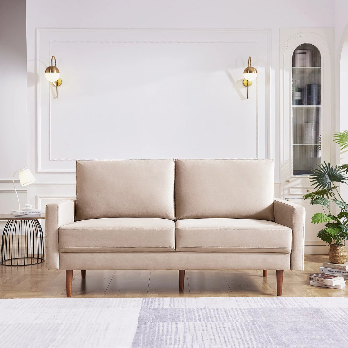 69 Inches Beige Velvet Upholstered Sofa W43003