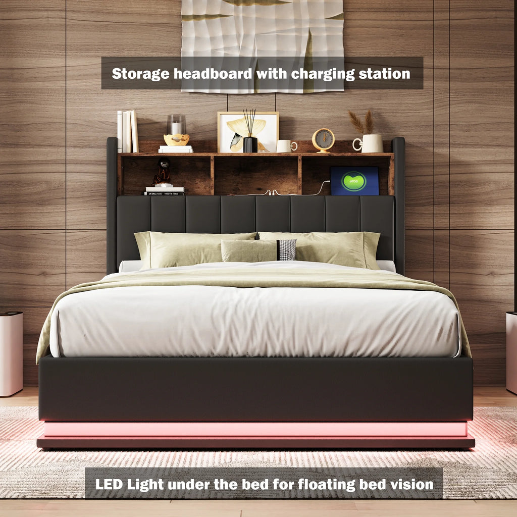 Black Full Size PU Upholstered Platform Bed with Storage Headboard R914816