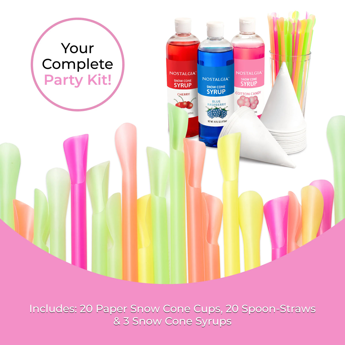 16-Ounce Snow Cone Syrups, Cups and Spoon-Straws Party Kit H2516